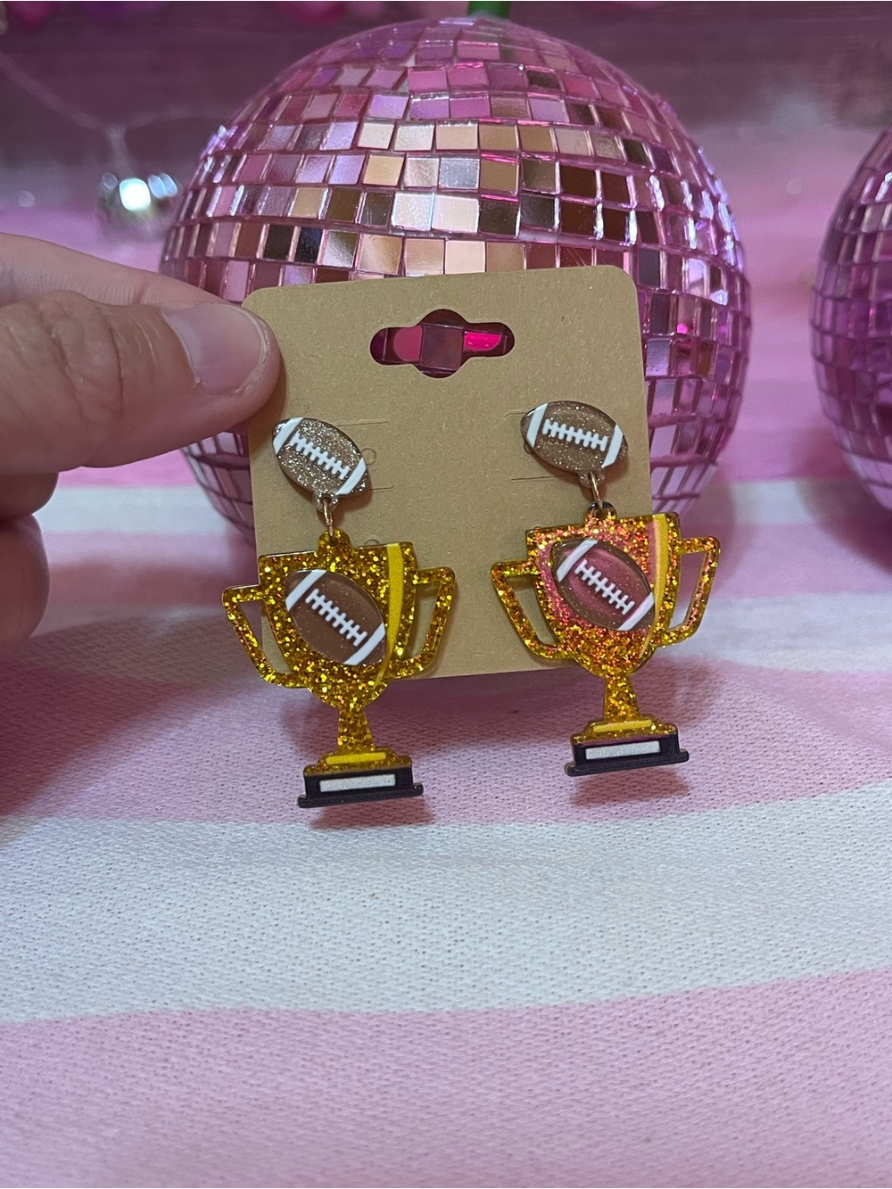 Gold Glitter Trophy & Football Dangle Earrings - Women Jewelry